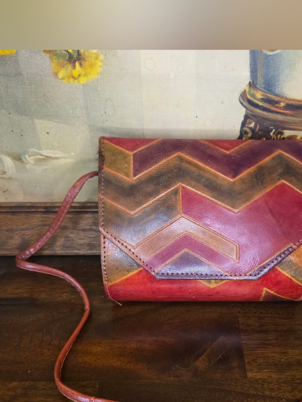Vintage 1993 MTC Genuine Leather Geometric Chevron Crossbody Bag